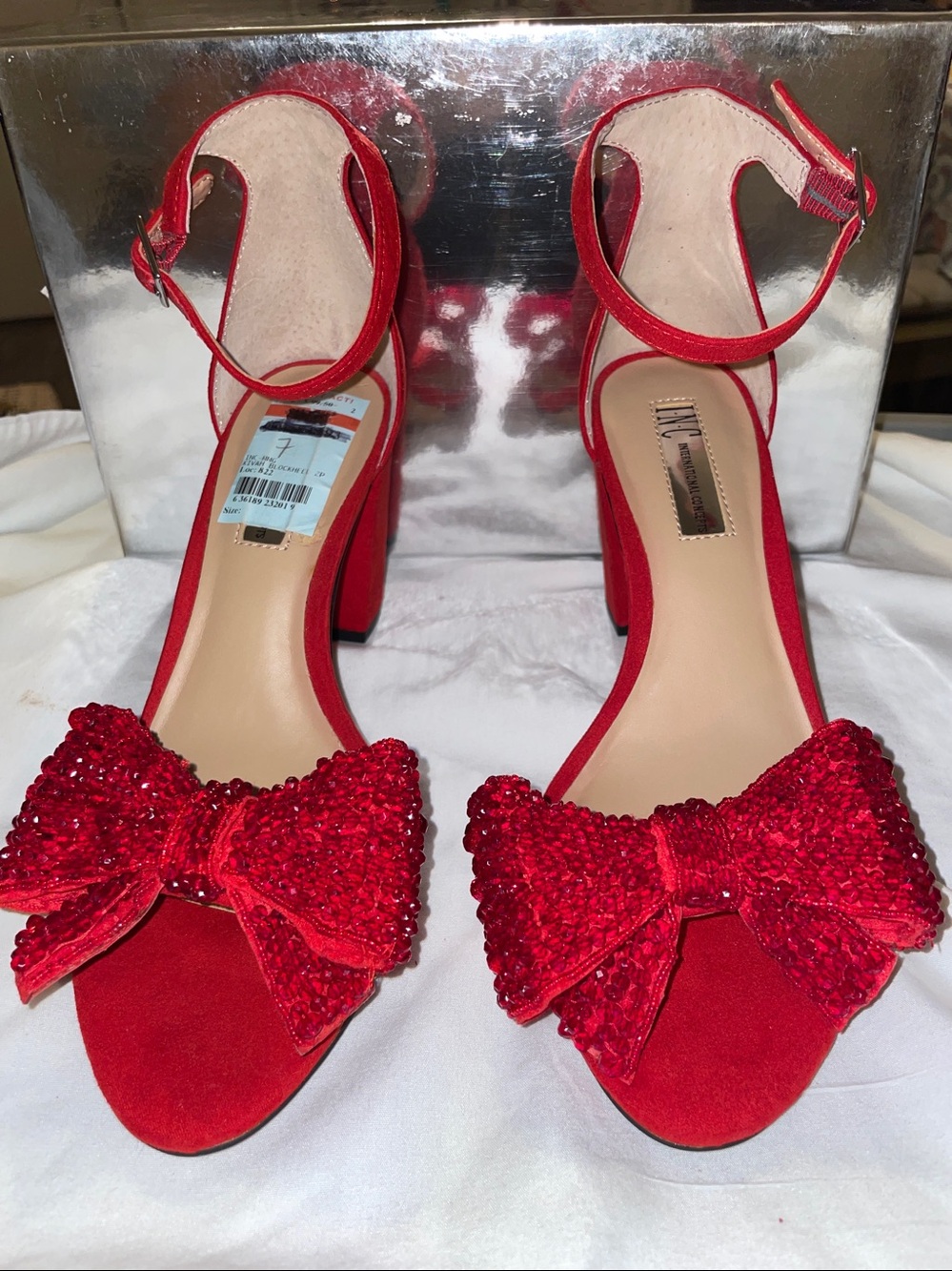 INC International Concepts Red Beaded Bow Ankle-Strap Heels